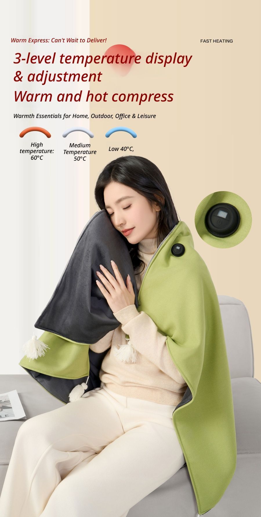 USB Washable Heated Shawl-No Power Bank Included-Red