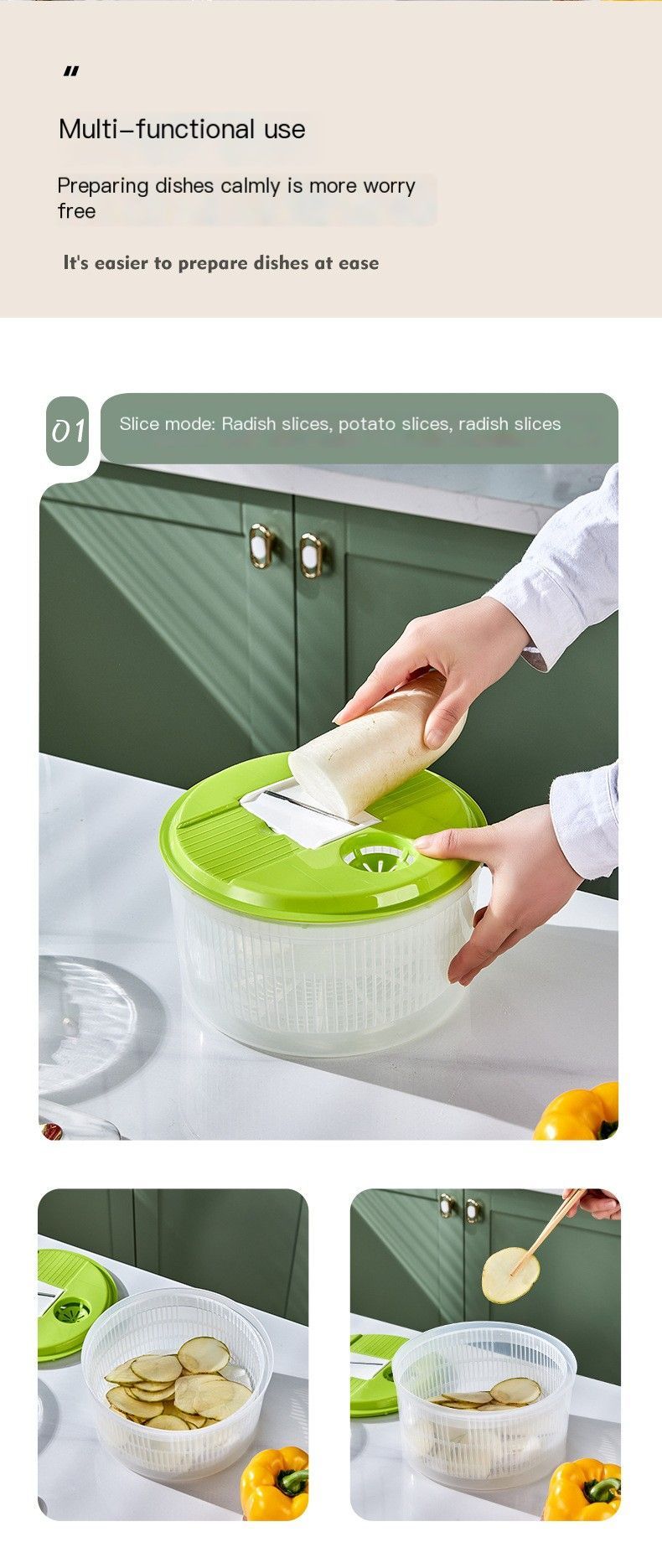 Vegetable washing basket-Green 2in1 with Julienne and Slicing Function