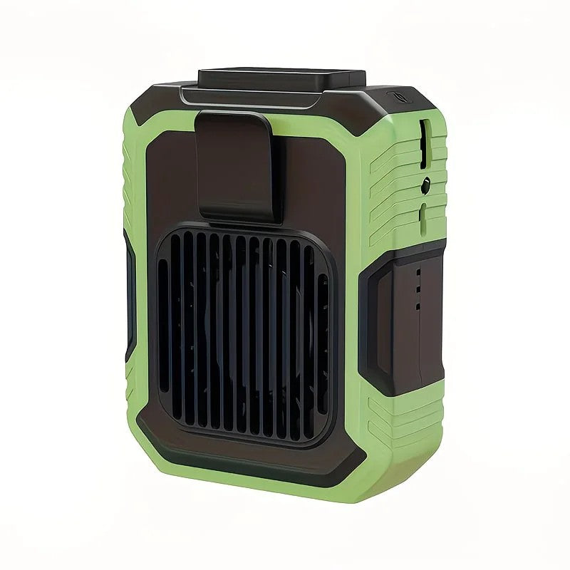 Wall-mounted USB rechargeable dual-purpose fan, integrating rapid cooling, dehumidification, and lighting functions. Features three-speed wind adjustment, can be worn on the waist via a hanging strap, with quiet operation, GREEN