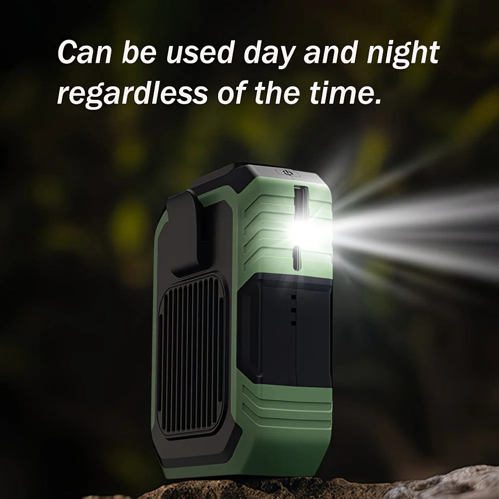Wall-mounted USB rechargeable dual-purpose fan, integrating rapid cooling, dehumidification, and lighting functions. Features three-speed wind adjustment, can be worn on the waist via a hanging strap,Orange