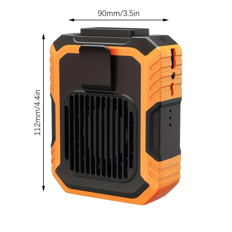 Wall-mounted USB rechargeable dual-purpose fan, integrating rapid cooling, dehumidification, and lighting functions. Features three-speed wind adjustment, can be worn on the waist via a hanging strap,Orange