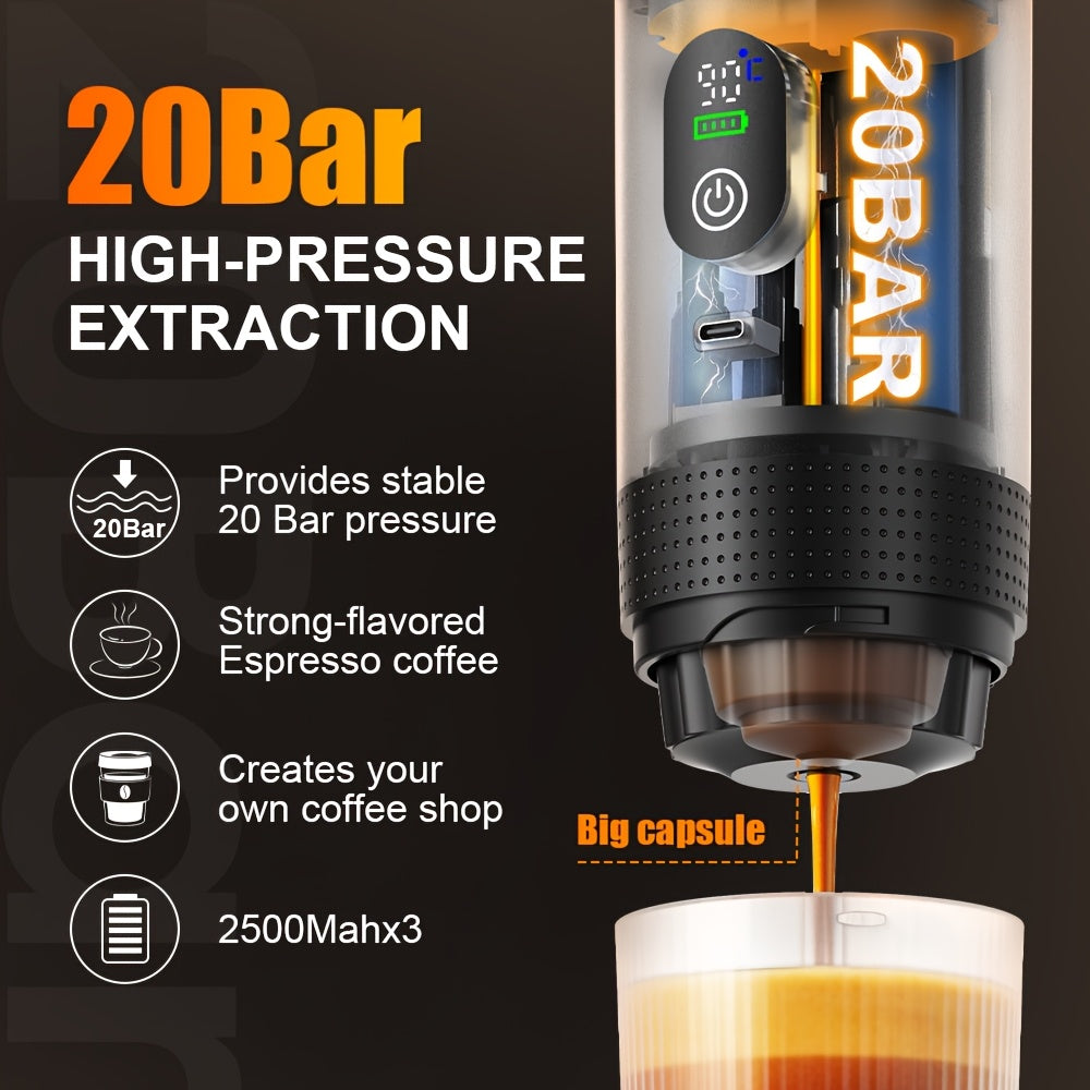 Portable 20Bar High - Pressure Extraction Coffee Machine, 80ml Stainless Steel Water Tank + Foldable Stand, Low - Battery Alert & Real - Time Temperature Control, Enjoy Barista - Quality Coffee on the Go, at Office or While Driving。black