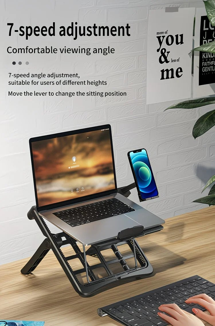 Adjustable laptop stand, designed for 17.3-inch laptops, a portable stand that allows for height adjustment on the desk, and comes with a dedicated phone holder.