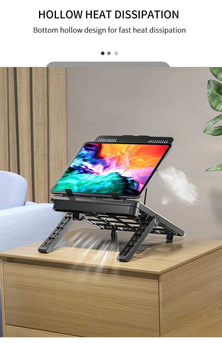Adjustable laptop stand, designed for 17.3-inch laptops, a portable stand that allows for height adjustment on the desk, and comes with a dedicated phone holder.