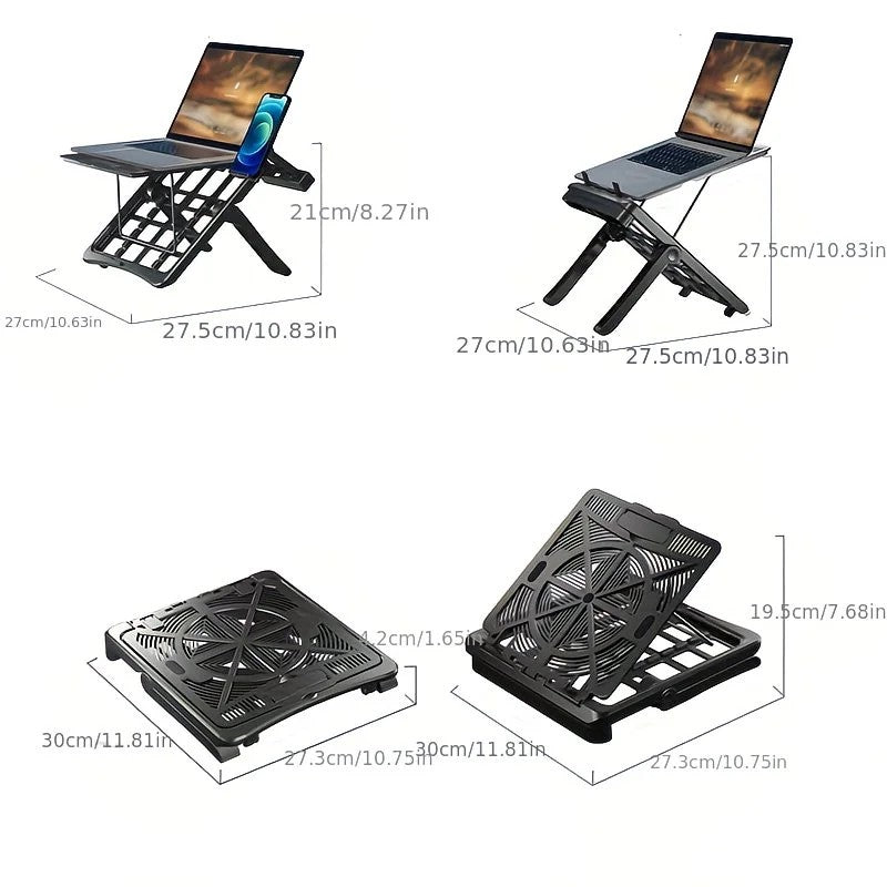 Adjustable laptop stand, designed for 17.3-inch laptops, a portable stand that allows for height adjustment on the desk, and comes with a dedicated phone holder.