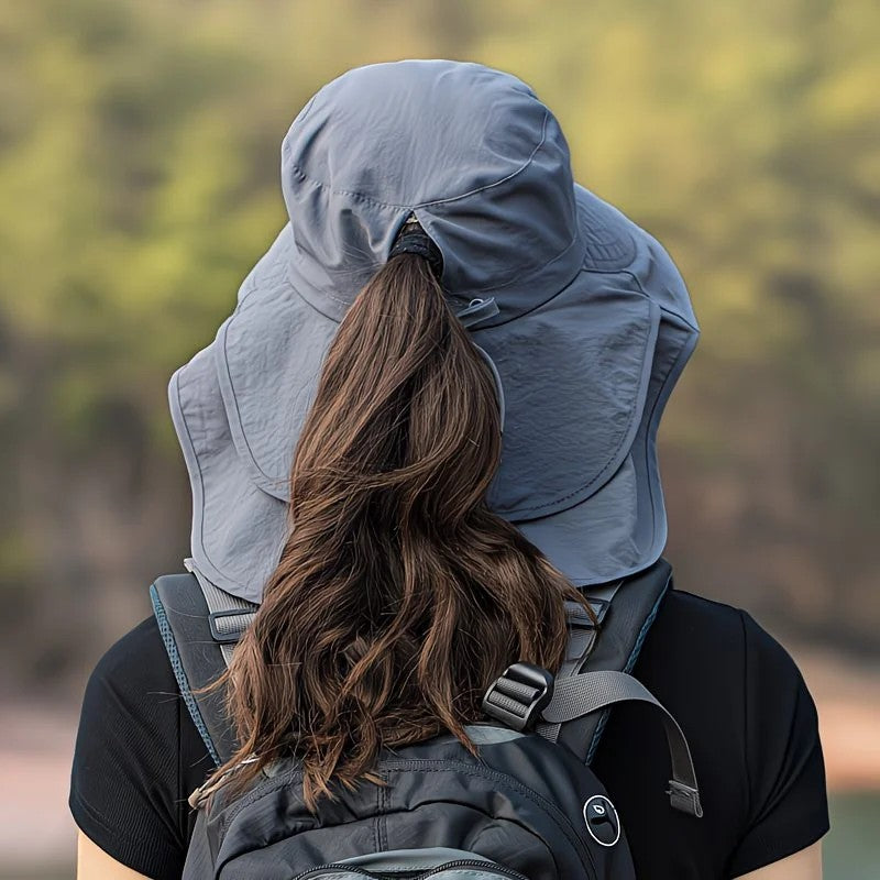 Black Fashion Wide Brim Sun Hat with Ponytail Hole - Bohemian Baseball Cap Design, Visor, Breathable Polyester