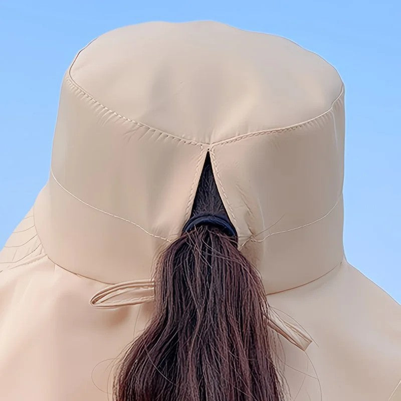 Black Fashion Wide Brim Sun Hat with Ponytail Hole - Bohemian Baseball Cap Design, Visor, Breathable Polyester