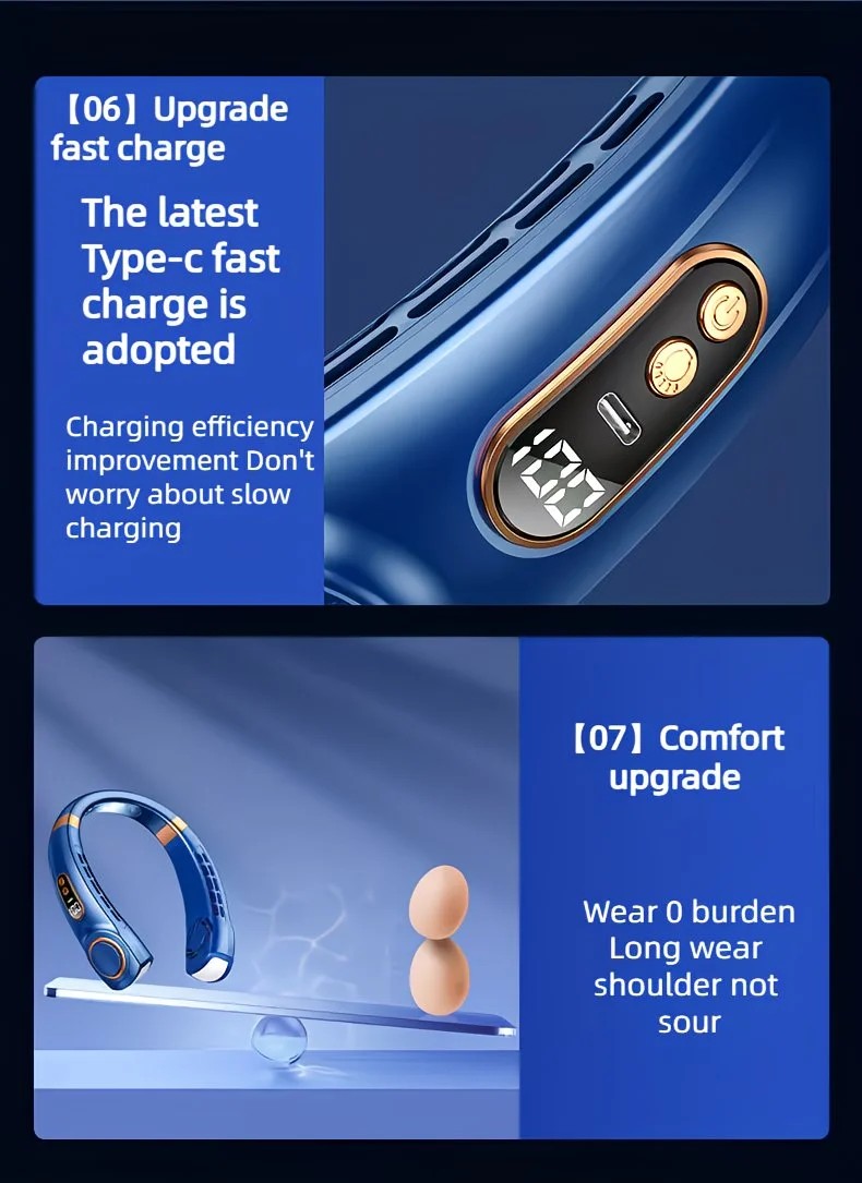 New Neck Hanging Fan Portable Mini USB Fan Personal Cooling Turbine Small Charging Quiet Lazy-Friendly.BLUE