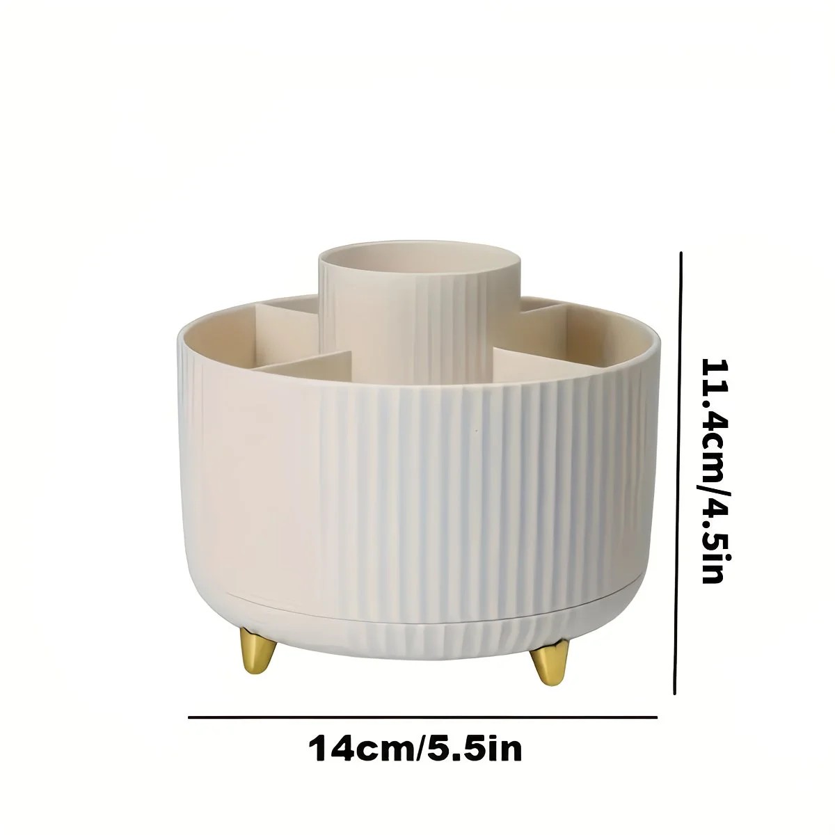 360-Degree Rotating Cosmetic Organizer – 1 Plastic Makeup Storage Box with 5 Compartments – Multi-Purpose Holder for Brushes, Lipsticks, Skincare Products, and Stationery – Durable Odor-Free Desktop Storage Container with Luxurious Stripe Design.WHITE