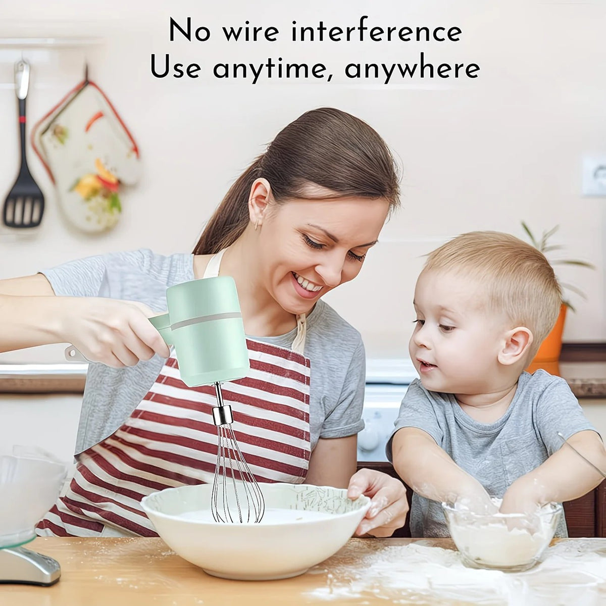 Green Wireless charging handheld mixer, 30W with three-speed settings. Dual whisk heads designed for whipping eggs, cream, and batter. Suitable for both kitchen and outdoor use, also an ideal gift.