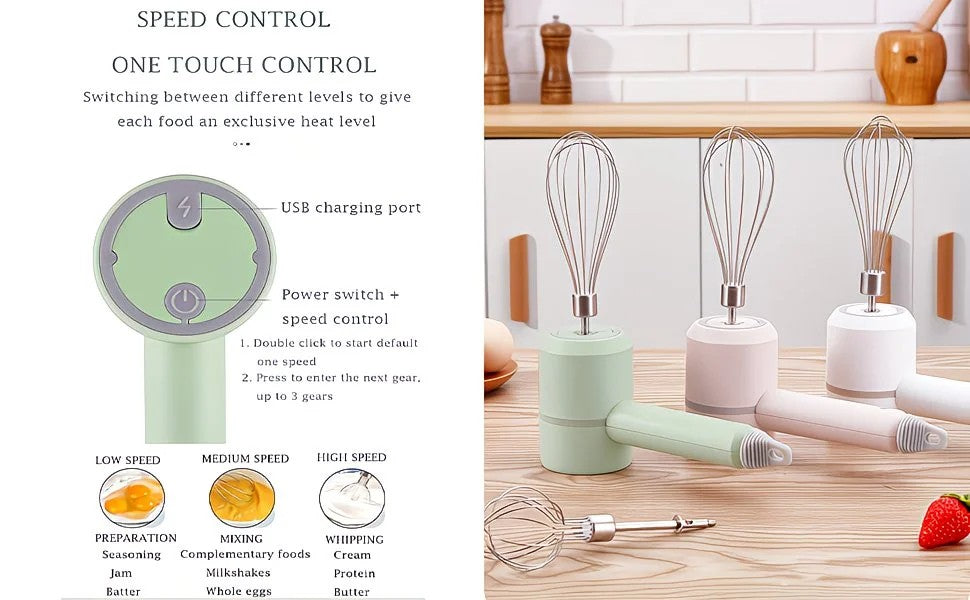 Green Wireless charging handheld mixer, 30W with three-speed settings. Dual whisk heads designed for whipping eggs, cream, and batter. Suitable for both kitchen and outdoor use, also an ideal gift.
