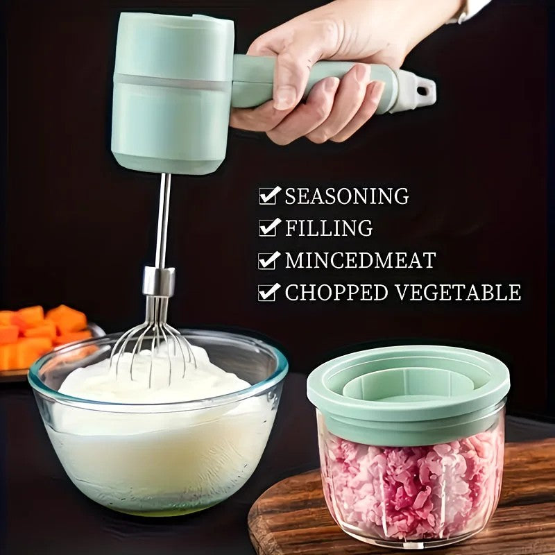 Green Wireless charging handheld mixer, 30W with three-speed settings. Dual whisk heads designed for whipping eggs, cream, and batter. Suitable for both kitchen and outdoor use, also an ideal gift.