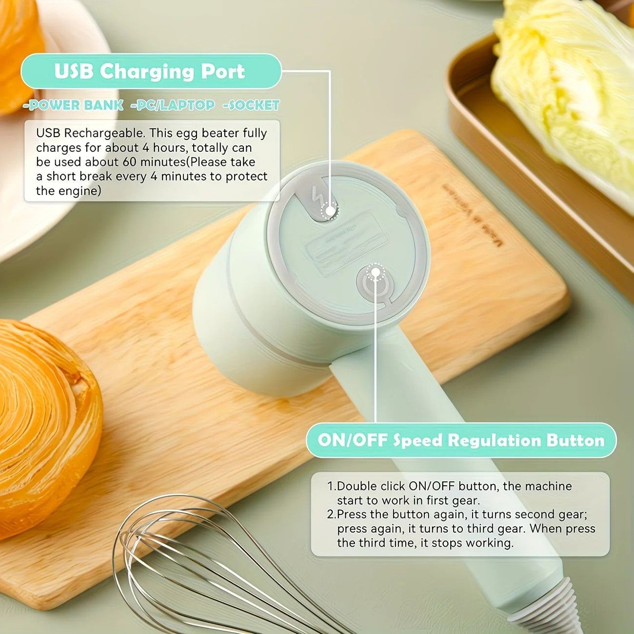 Green Wireless charging handheld mixer, 30W with three-speed settings. Dual whisk heads designed for whipping eggs, cream, and batter. Suitable for both kitchen and outdoor use, also an ideal gift.