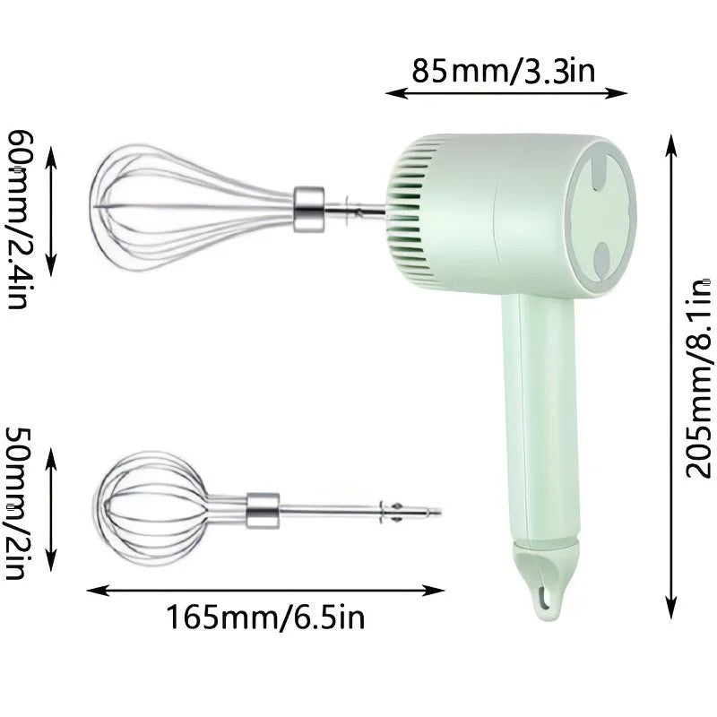 Green Wireless charging handheld mixer, 30W with three-speed settings. Dual whisk heads designed for whipping eggs, cream, and batter. Suitable for both kitchen and outdoor use, also an ideal gift.