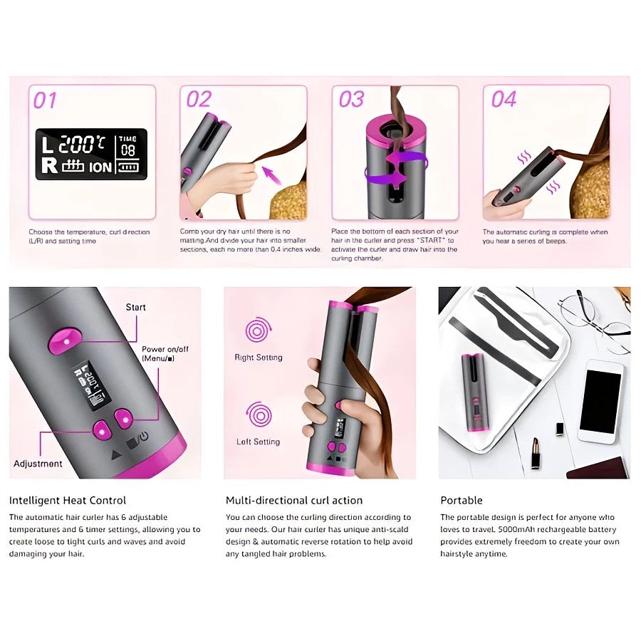 Automatic Hair Curling Wand, Tangle-Free Design, Portable USB Charging Rotating Curling Iron with Ceramic Barrel, Suitable for Long Hair, Fast, Ideal for Hairstyling.Lavender gray