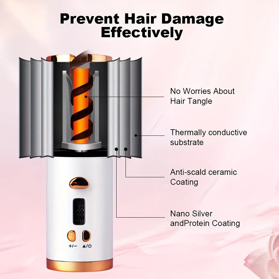 Automatic Hair Curling Wand, Tangle-Free Design, Portable USB Charging Rotating Curling Iron with Ceramic Barrel, Suitable for Long Hair, Fast, Ideal for Hairstyling.Lavender gray