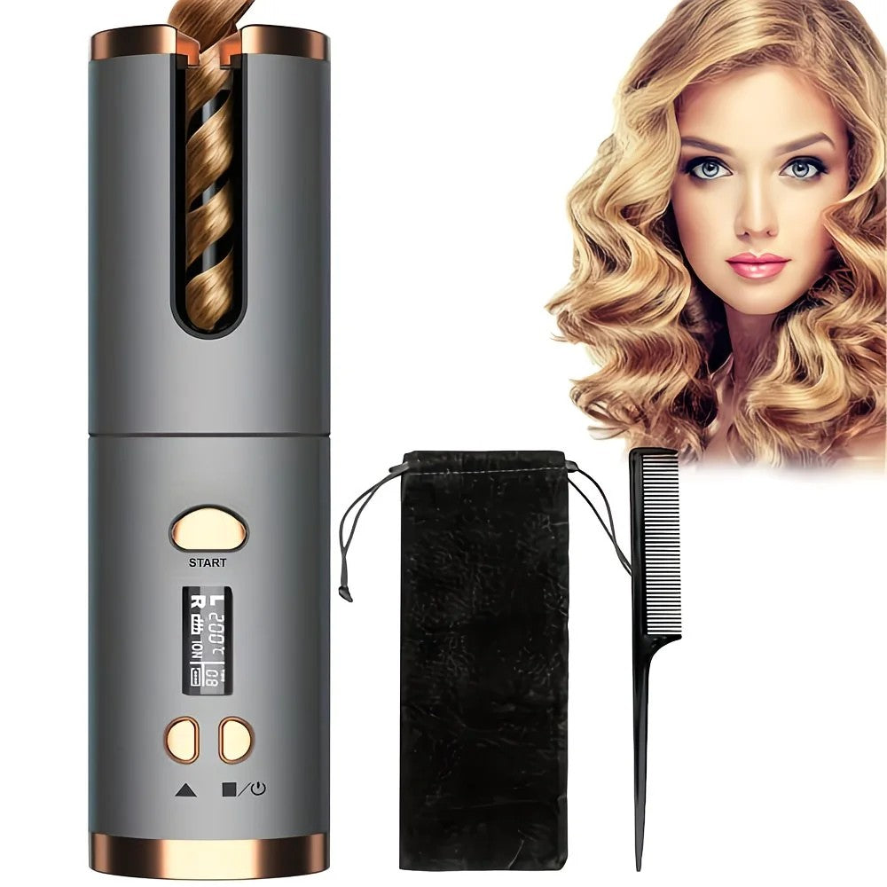 WHITE.Automatic Hair Curling Wand, Tangle-Free Design, Portable USB Charging Rotating Curling Iron with Ceramic Barrel, Suitable for Long Hair, Fast, Ideal for Hairstyling.