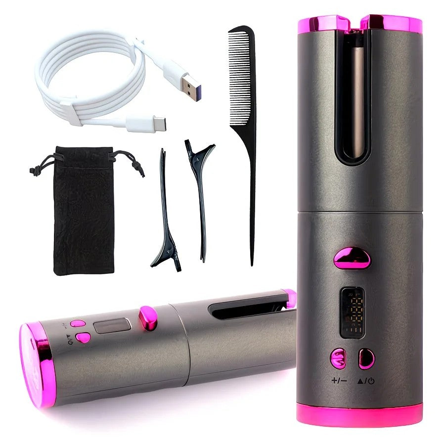 Gray gold Automatic Hair Curling Wand, Tangle-Free Design, Portable USB Charging Rotating Curling Iron with Ceramic Barrel, Suitable for Long Hair, Fast, Ideal for Hairstyling
