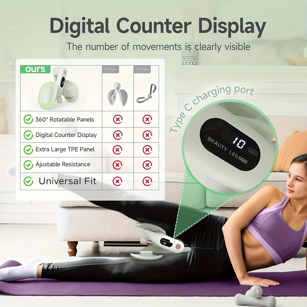 Smart Counting Buttocks and Leg Trainer. Adjustable resistance for precise activation of glute and inner thigh muscles. Features anti-slip design—your essential home fitness tool for body shaping, effortlessly tracking workout repetitions.（PINK)