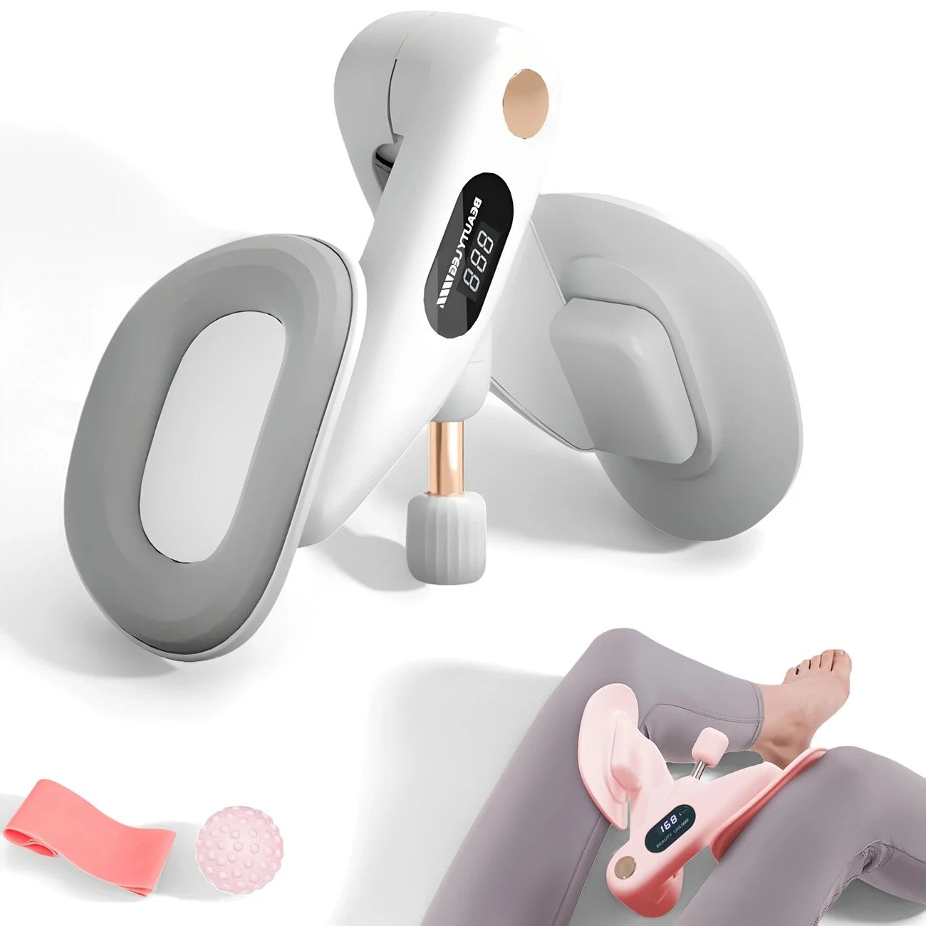 Smart Counting Buttocks and Leg Trainer. Adjustable resistance for precise activation of glute and inner thigh muscles. Features anti-slip design—your essential home fitness tool for body shaping, effortlessly tracking workout repetitions.（PINK)