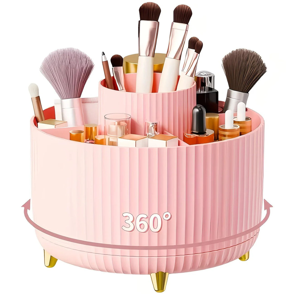 Pink 360-Degree Rotating Cosmetic Organizer – 1 Plastic Makeup Storage Box with 5 Compartments – Multi-Purpose Holder for Brushes, Lipsticks, Skincare Products, and Stationery – Durable Odor-Free Desktop Storage Container with Luxurious Stripe Design