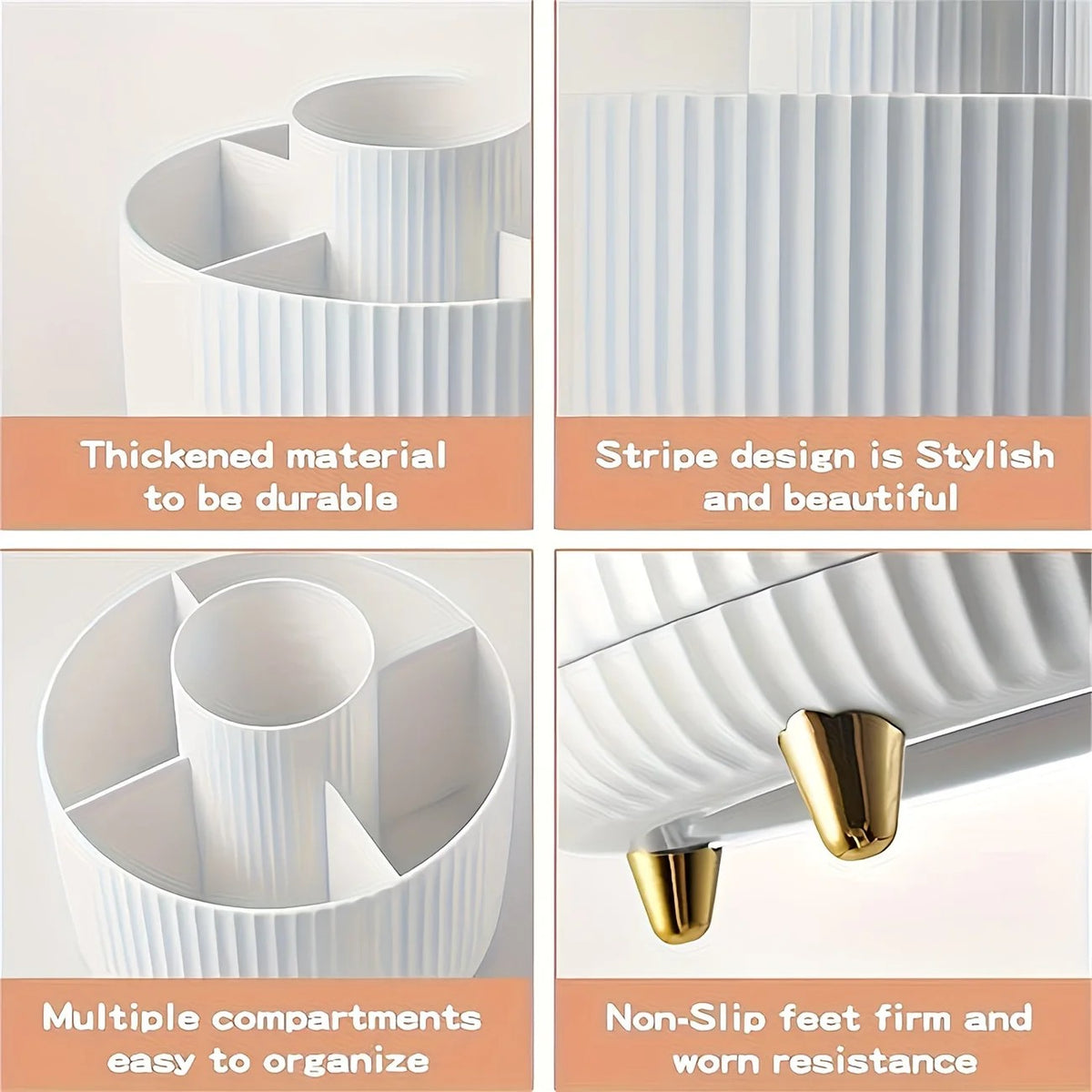 Green 360-Degree Rotating Cosmetic Organizer – 1 Plastic Makeup Storage Box with 5 Compartments – Multi-Purpose Holder for Brushes, Lipsticks, Skincare Products, and Stationery – Durable Odor-Free Desktop Storage Container with Luxurious Stripe Design