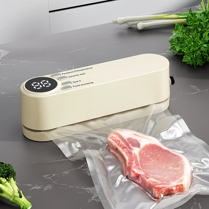 beige.USB Rechargeable Portable Vacuum Sealer, includes sealing bags and a rapid vacuum pump. Space-saving design, suitable for vacuum packing snacks, meat, fruits, and vegetables for food preservation.