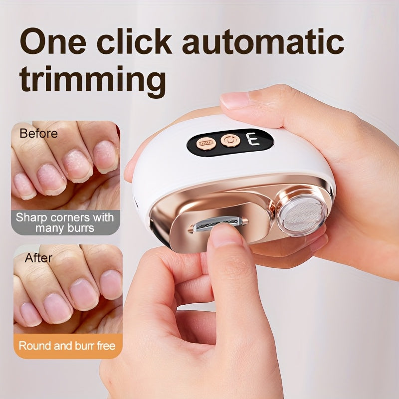Smart Electric Nail Clipper 2-in-1 Polishing & Trimming Tool, USB rechargeable, with 500mAh lithium polymer battery, featuring anti-cut protection, grinding, and lighting functions. Ideal for nail care, filing, polishing, and shaping—white