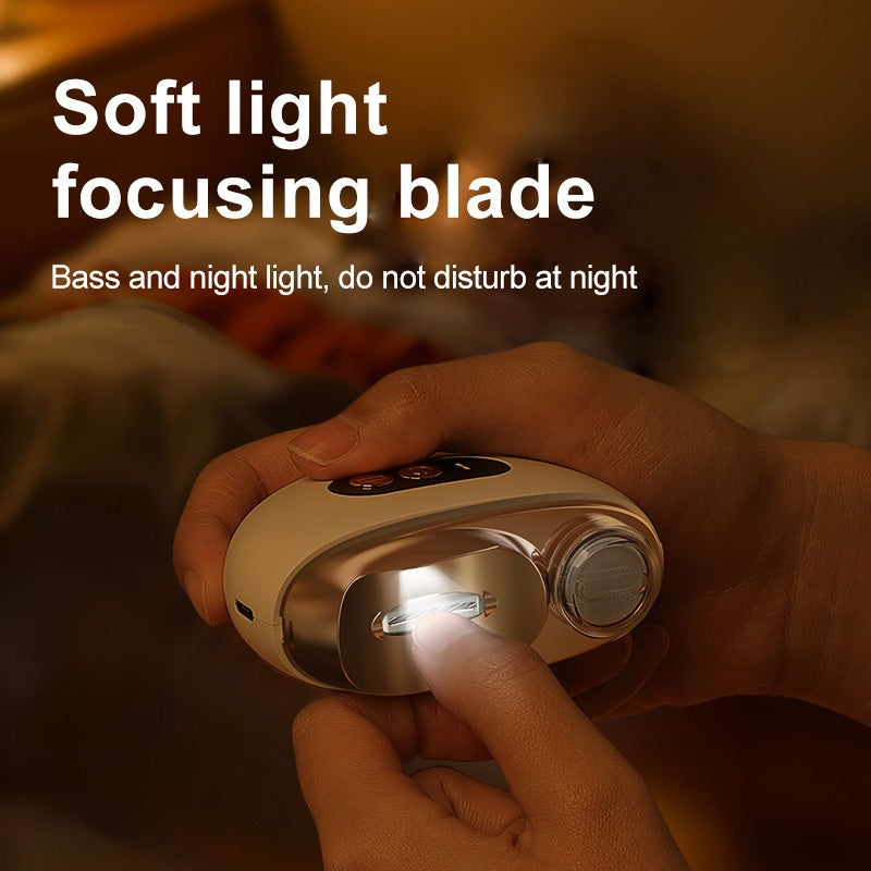 Smart Electric Nail Clipper 2-in-1 Polishing & Trimming Tool, USB rechargeable, with 500mAh lithium polymer battery, featuring anti-cut protection, grinding, and lighting functions. Ideal for nail care, filing, polishing, and shaping—white