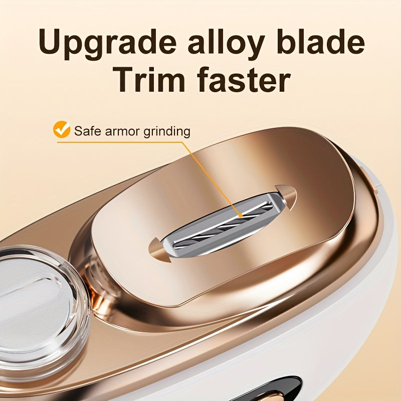 Smart Electric Nail Clipper 2-in-1 Polishing & Trimming Tool, USB rechargeable, with 500mAh lithium polymer battery, featuring anti-cut protection, grinding, and lighting functions. Ideal for nail care, filing, polishing, and shaping—white