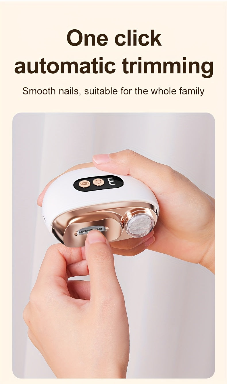 Smart Electric Nail Clipper 2-in-1 Polishing & Trimming Tool, USB rechargeable with 500mAh lithium polymer battery. Features anti-cut protection, grinding, and illumination functions, suitable for nail care, filing, polishing, and shaping.yellow