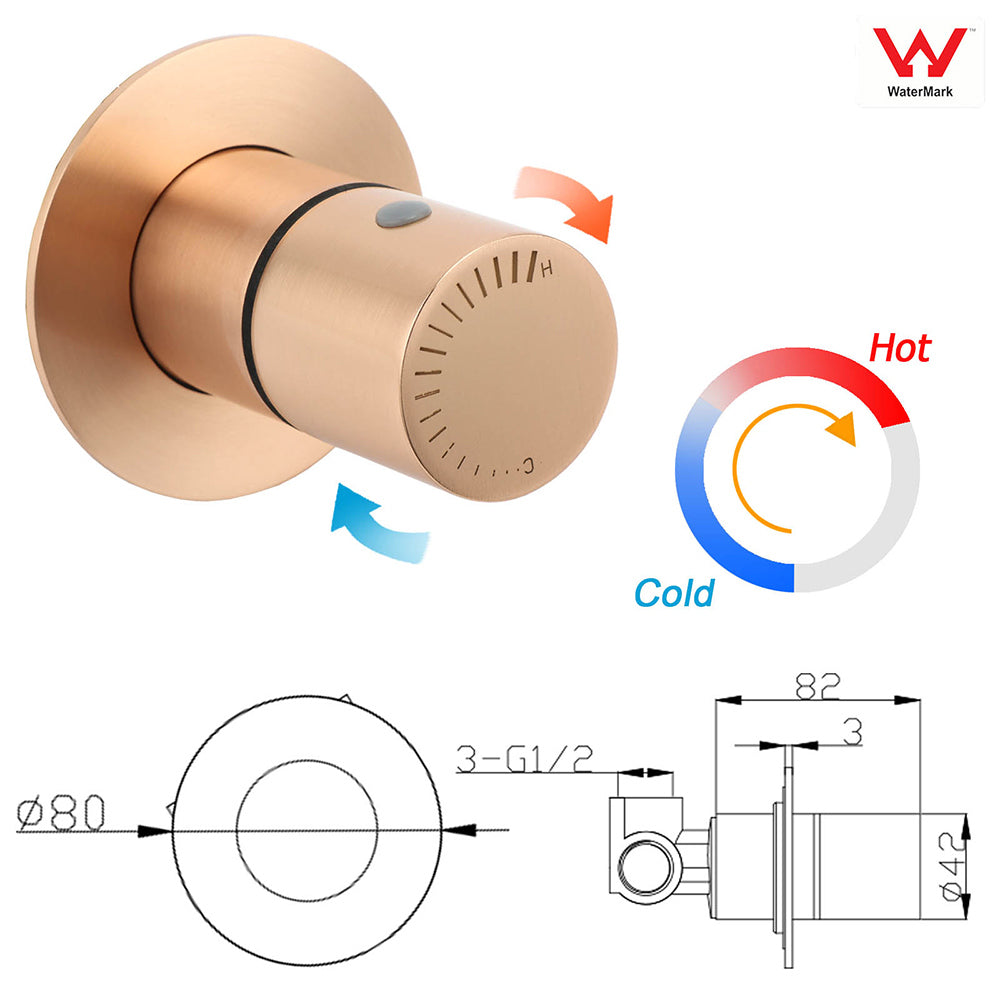 Watermark Round Shower Mixer Brass Hot Cold Water Tap Valve Brushed Rose Gold