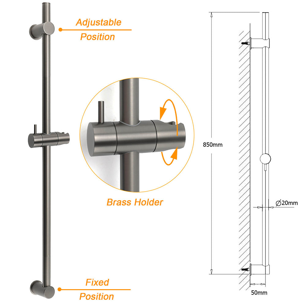Gun Metal Grey Brass 850mm Long Sliding Rail Bar Swivel Handheld Shower Holder Bracket