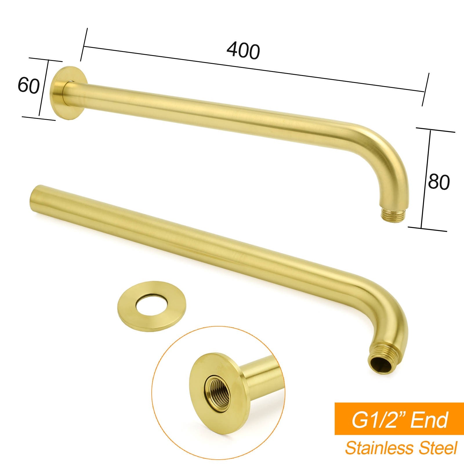 WELS Brushed Gold 8" Shower Rainfall Head + 355mm Straight Wall Mounted Arm Set