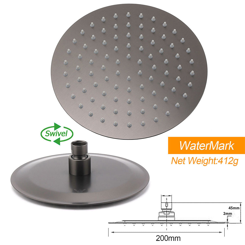WELS Gun Metal Round 8" Rain Shower Head 400mm Straight Wall Mounted Arm Bath Set