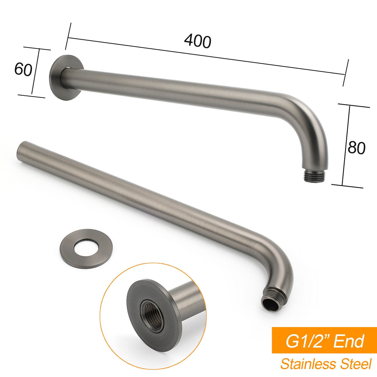 WELS Gun Metal Round 12" Rain Shower Head 400mm Straight Wall Mounted Arm Bath Set