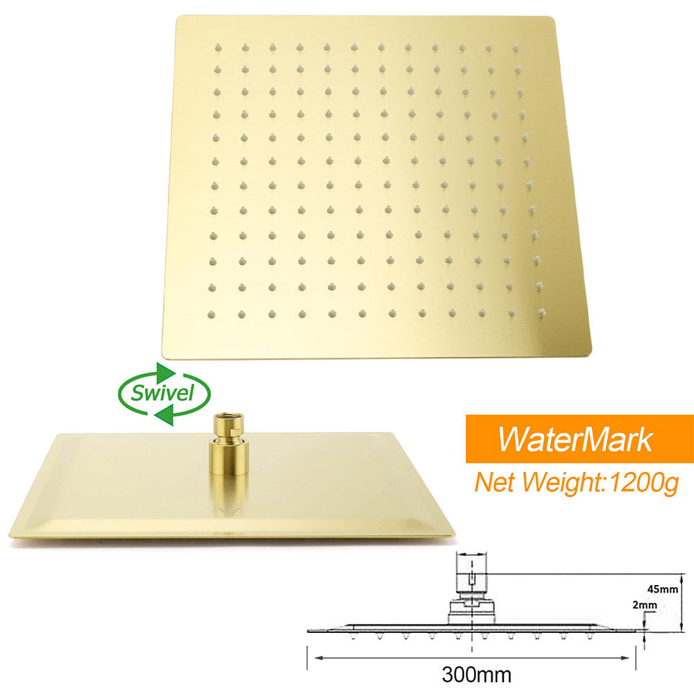 Brushed Gold Square 12" Rainfall Shower Head 30cm Ceiling Dropper Extension Arm Set