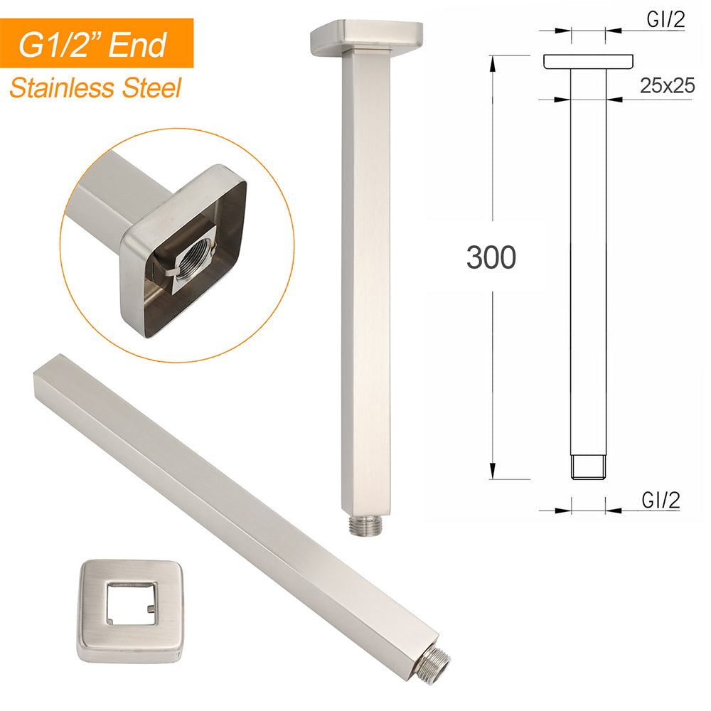 Brushed Nickel Square 10" Rain Shower Head 300mm Brass Ceiling Dropper Arm Set