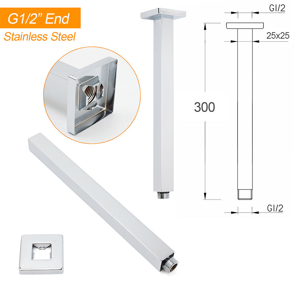 WELS 16" Rainfall Shower Head 300mm Ceiling Dropper Extension Arm Chrome Square Set