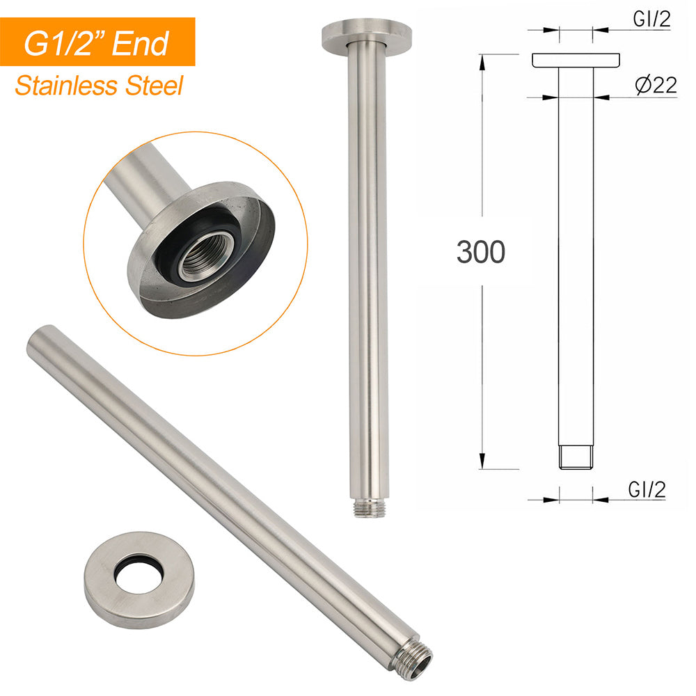 Brushed Nickel Bath Round 30cm Shower Ceiling Brass Extension Dropper Arm