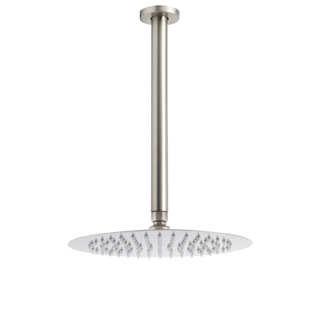 Brushed Nickel Round 10" Shower Rain Head + 300mm Brass Ceiling Dropper Arm Set