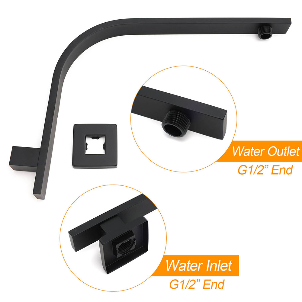 WELS Matt Black 10" Square Thin Rain Shower Head Brass Gooseneck Wall Arm Set