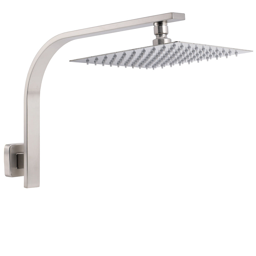 Brushed Nickel Silver Square 10" Rain Shower Head &amp; Brass Gooseneck Wall Arm Set