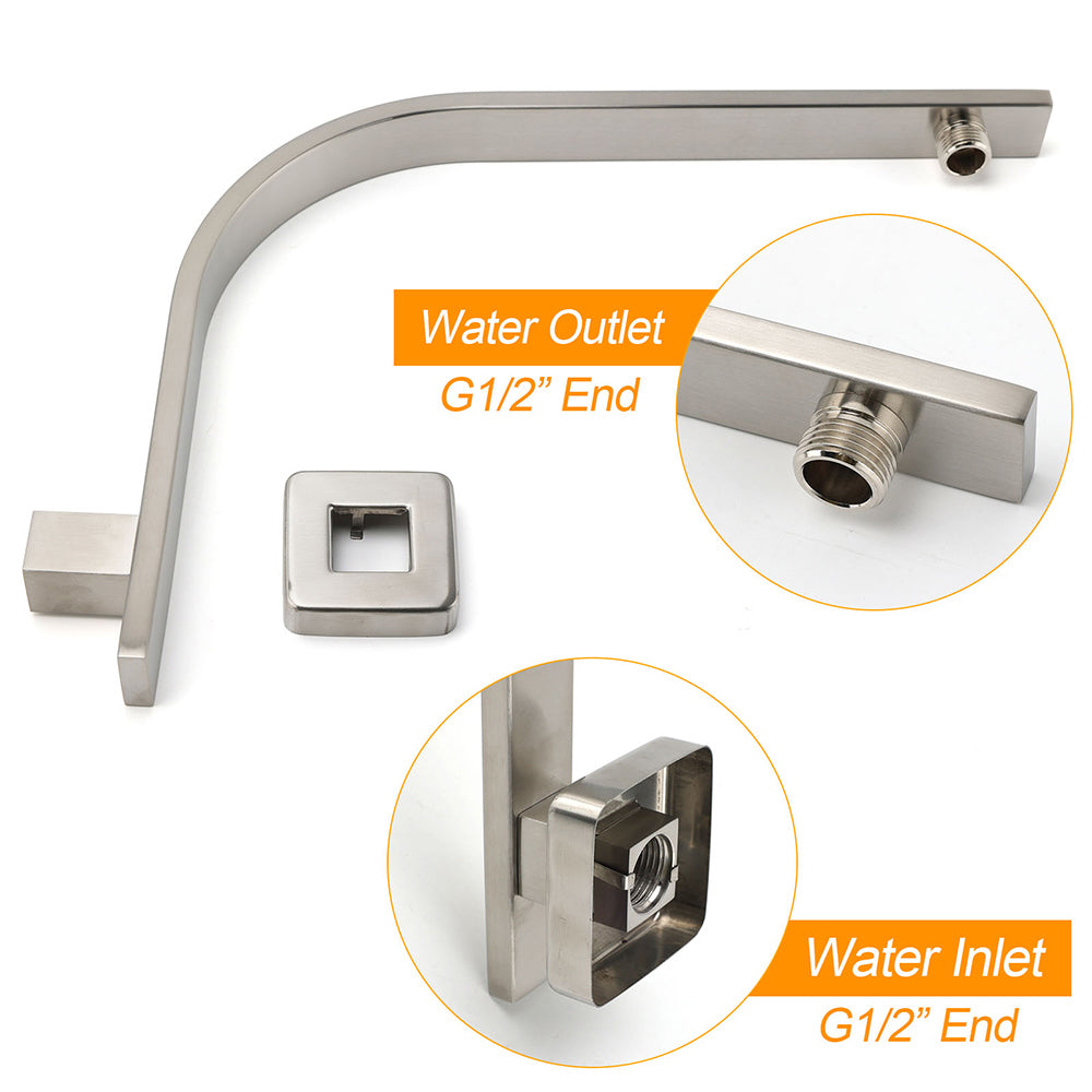 Brushed Nickel Silver Square 10" Rain Shower Head & Brass Gooseneck Wall Arm Set