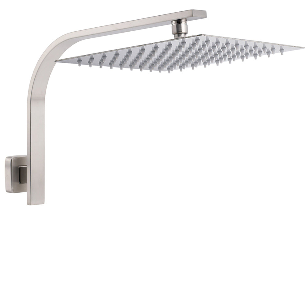 Brushed Nickel Silver Square 12" Rain Shower Head &amp; Brass Gooseneck Wall Arm Set