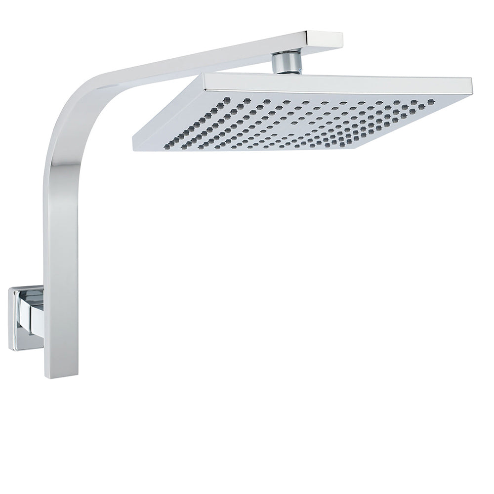 WELS ABS 200mm Square Rain Shower Head &amp; Brass Gooseneck Wall Arm Set WATERMARK