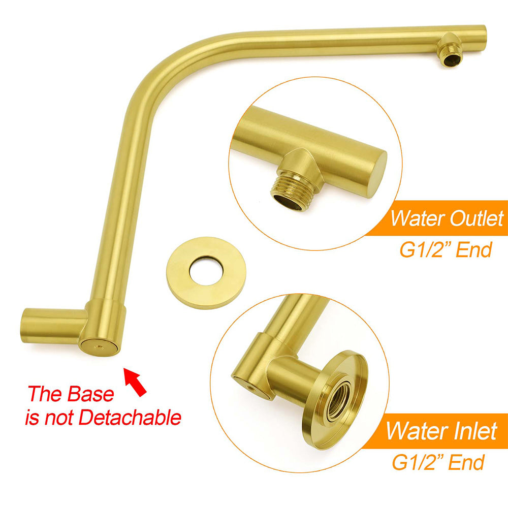 Brushed Gold Round 12 Inch Rain Shower Head Swivel Brass Gooseneck Wall Arm Set