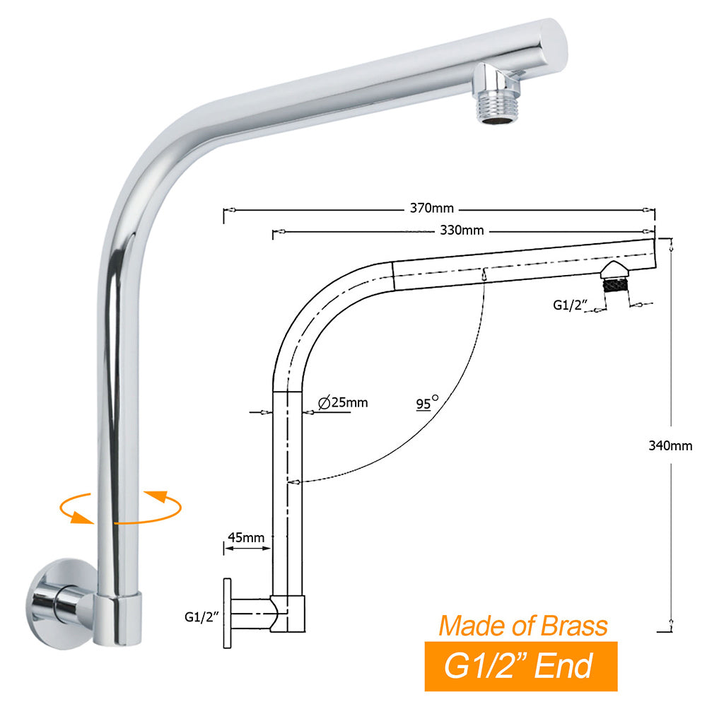 WELS Chrome Round 10" Rainfall Shower Head + 360° Swivel Gooseneck Wall Arm Set