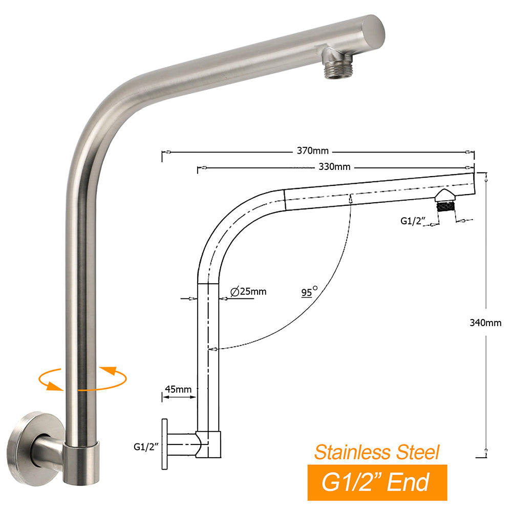 Brushed Nickel 12" Round Rainfall Shower Head 360°Swivel Gooseneck Wall Arm Set