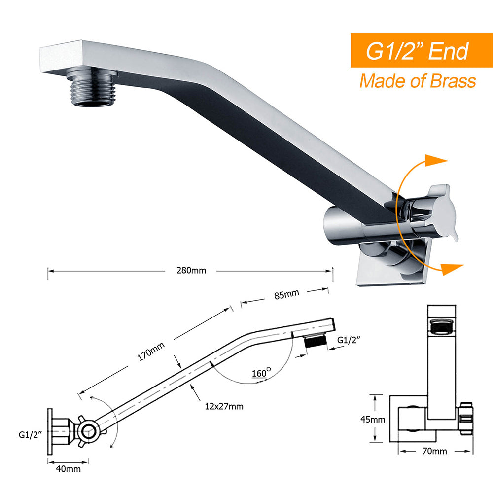 Square Chrome Brass Up & Down Adjustable Wall Mounted Shower Arm For Shower Head